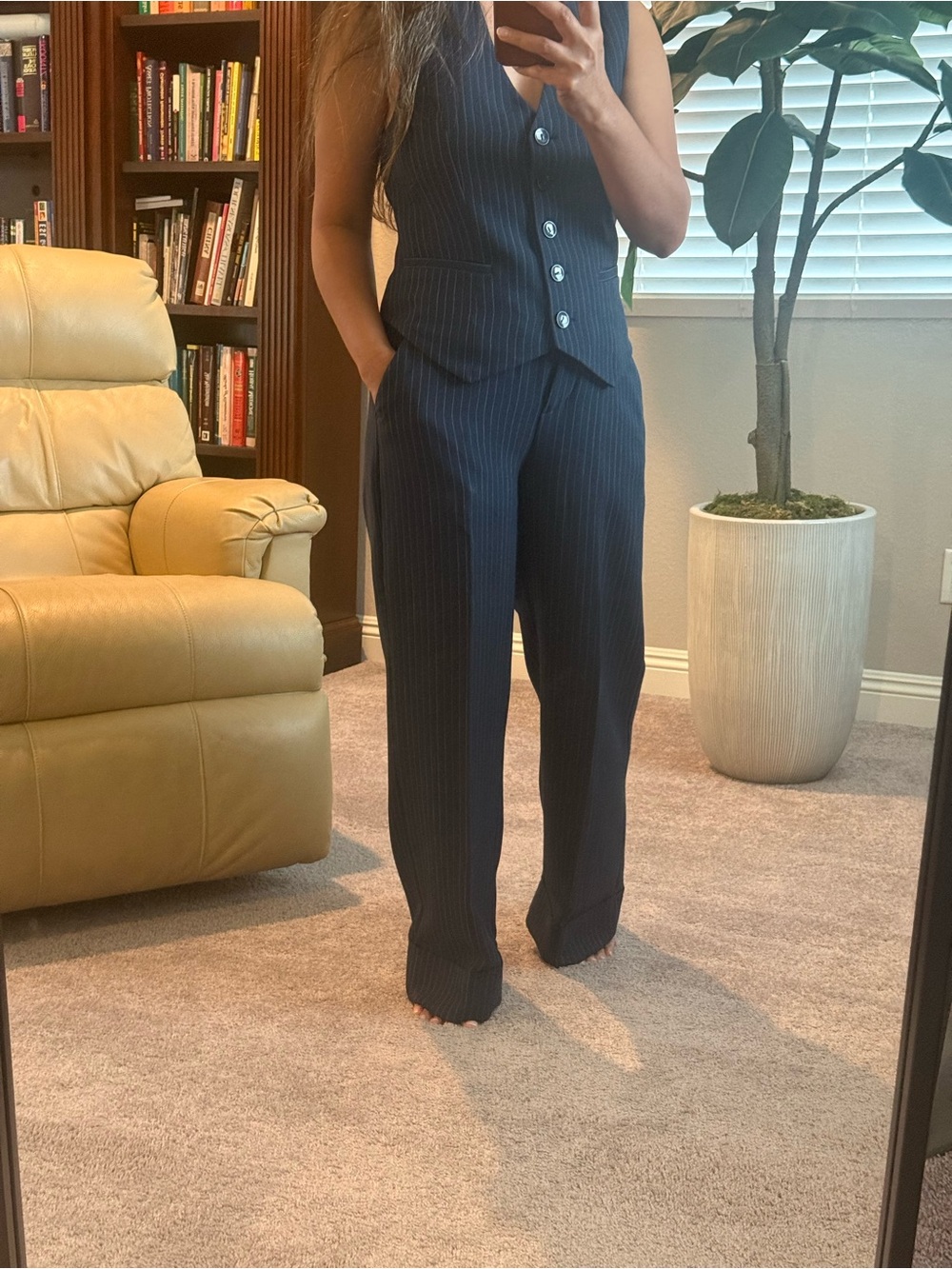 Abercrombie & Fitch Navy Pinstripe Vest and Wide-Leg Trousers - Picture 12 of 13